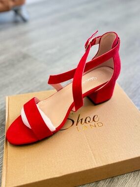 Women's Red Suede Block Heel Sandal with Ankle Strap